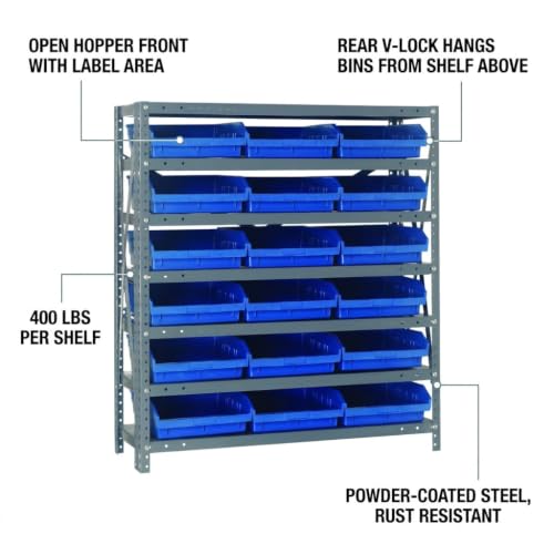 Quantum Storage Systems 1239-109BL Steel Shelving Unit with 4" Shelf Bins, 12" D x 36" W x 39" H, Blue - size: 39" H x 36" W x 12" D, style: 12" L x 12" W x 4" H 18 Economy Blue Bins