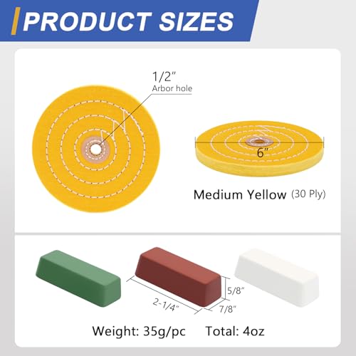 SCOTTCHEN 6inch Buffing Polishing Wheels 1/2" Arbor Hole,2 Pcs Medium (30Ply) for Bench Grinder,with Buffing Polishing Cutting Compound 4 Oz.Kit - color: Multi 5pcs(Medium*2), size: 6 inch