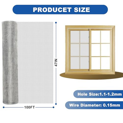 304 Stainless Steel Screen Mesh 47IN x 100FT Roll Metal Window Screen Replacement for Door Patio Pet Vent Porch DIY Projects 20 Mesh Silver - size: 47inx100ft