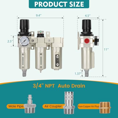 3/4" NPT Industrial Air Dryer for Compressor,Air Compressor Water Separator,3 Stage Air Drying System,0-240 PSI Air Regulator,141CFM,Oil Water Separator Dryer for Plasma Cutter,Paint Spray,Auto Drain