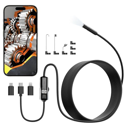 Endoscope Camera with Light, 1920P HD Borescope Inspection Camera with 8 Adjustable LEDs, IP67 Waterproof Semi-Rigid Snake Cable for Android, iPhone, and iPad(Black)