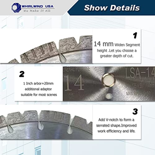 LSS Upgraded Version 14 inch Diamond Saw Blade Dry or Wet Cutting for Concrete Stone Brick Masonry,1"-20mm Arbor with 14 mm Segment - size: 14" LSA