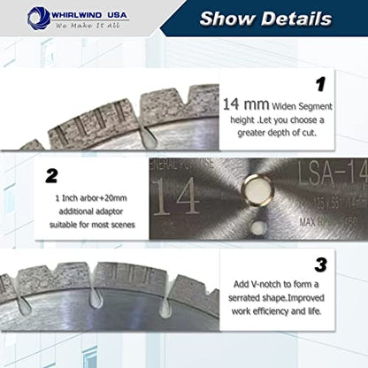 LSS Upgraded Version 14 inch Diamond Saw Blade Dry or Wet Cutting for Concrete Stone Brick Masonry,1"-20mm Arbor with 14 mm Segment - size: 14" LSA