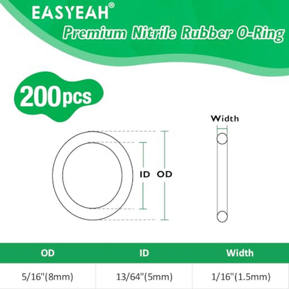 EASYEAH 200Pcs Nitrile Rubber O Rings, 13/64"(5mm) ID, 5/16"(8mm) OD - size: 13/64" ID, 5/16" OD