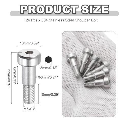 MECCANIXITY 26 Pcs 304 Stainless Steel Shoulder Bolt 6mm Shoulder Dia 8mm Shoulder Length M5x0.8 Thread Hex Socket Shoulder Bolts for Hydraulic Injection Molding Machinery Industries - size: 6mm x 8mm