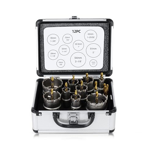 Renato 12PCS TCT Hole Saw Kit for Hard Metal, 9/16”-2-1/8" Inch Tungsten Carbide Tipped Hole Saw Set, Heavy Duty Hole Cutter for Metal, Stainless Steel, Iron, Wood, Plastic