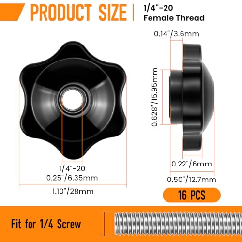 Aifeier ET 16 Pcs 1/4"-20 Inch Knob | Black Nylon Screw-On Type Thru Threaded Nuts | 6-Star Shape Hand Tighten Clamping Knobs (0.25"/6.35mm) - size: 16 pcs 1/4"-20