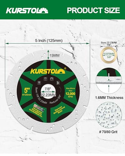 Diamond Blades 5 Inch 5pcs- KURSTOL Diamond Multi-Purpose Saw Blades Angle Grinder Cutting Disc for Marble, Granite, Tile, Ceramic, Porcelain, Metal, Stone - size: 5 Inch