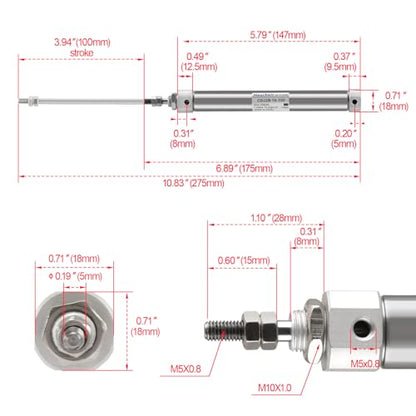 Heschen Stainless Steel Slim Air Pneumatic Cylinder, CDJ2B 16-100, M5 Port, 16mm Bore, 80mm Stroke, Double Acting Single Rod - size: 100mm Stroke