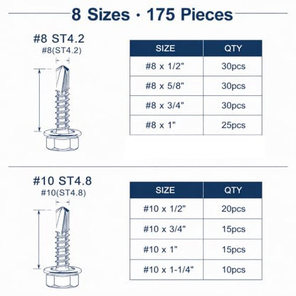 #8#10 Self Drilling Screws for Metal, 410 Stainless Steel, 175PCS - size: SS #8#10 175pcs