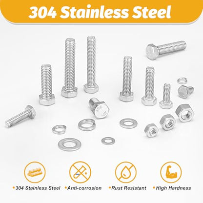 Kadrick 272Pcs 18-8(304) Stainless Steel Hex Bolts Assortment,1/4-20 5/16-18 3/8-16 Heavy Duty Bolts and Nuts Kit, Assorted SAE Bolts Nuts Flat&Lock Washers,Lenth Form 1/2''-2'' - size: 272Pcs SAE HEX Stainless