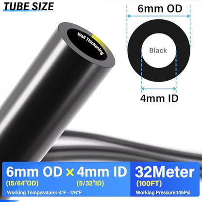 TAILONZ Black 6mm OD 4mm ID PU Air Hose Pipe Tube Kit 32 Meter 100ft - color: Black, size: 6mm OD/100ft/32m