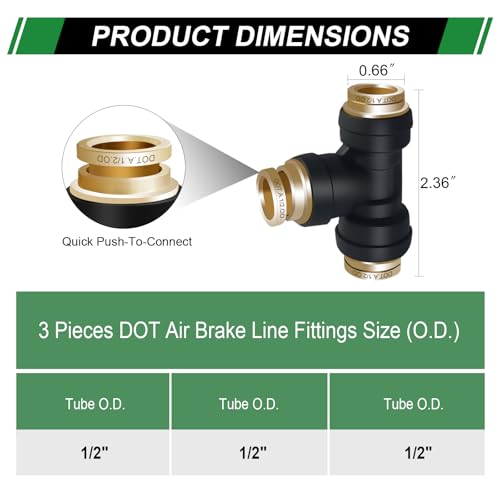 1/2" DOT Air Line Fittings Tee 3PCS,Quick Push To Connect Fittings - color: 1/2" * 1/2" * 1/2" 3PCS