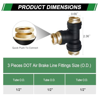 1/2" DOT Air Line Fittings Tee 3PCS,Quick Push To Connect Fittings - color: 1/2" * 1/2" * 1/2" 3PCS