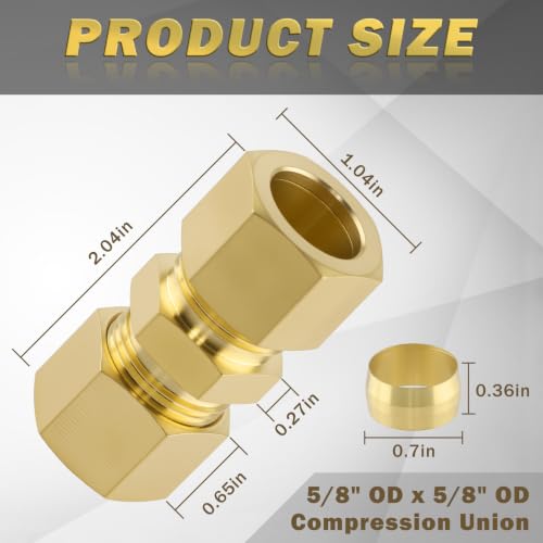 5/8" OD x 5/8" OD Brass Compression Union Fitting, 2 Pack Straight Tube Coupling Adapter with 4 Compression Ferrules for Ice Maker Water Plumbing - size: 2Pcs-5/8" Union