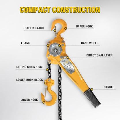 YELLOW JACKET 3 Ton Manual Lever Chain Hoist, 10 FT Come Along, G80 Galvanized Carbon Steel with Weston Double-Pawl Brake, Chain Come Along and Safety Measures for Chain Fall - size: 3 Ton 10FT