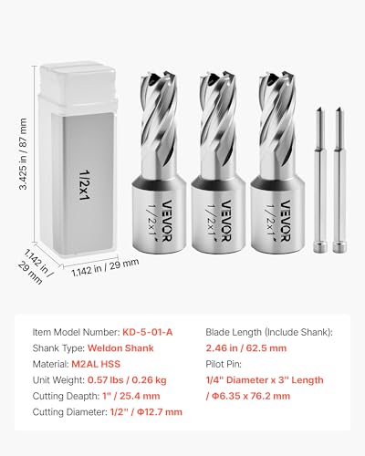 VEVOR Annular Cutter Set, 5 pcs Weldon Shank Mag Drill Bits Kit, 1" Cutting Depth, 1/2" Cutting Diameter, HSS, 3 Drill Bits with 2 Pilot Pins and 3 Plastic Cases, for Magnetic Drills, Steel, Aluminum - size: 1/2" * 1"