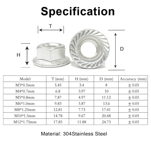 80 Pcs M5x0.8mm Serrated Flange Nuts DIN6923 Hex Lock Nuts 304 Stainless Steel Plain Finish Full Thread for Industrial Construction Fasteners - size: M5x0.8mm, 80 pcs