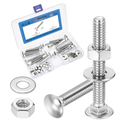 20Set 1/4"-20x2 Carriage Bolt with Hex Nut & Washer 304SS - color: Silver, size: 1/4"-20x2