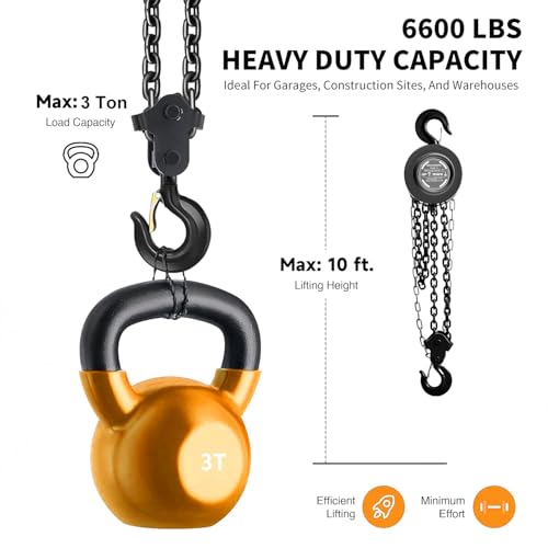Hand Chain Hoist 3 Ton 6600 Lbs Capacity 10 Feet with 2 Heavy Duty Hooks, Manual Chain Fall for Warehouse Building Automotive Machinery Black (Black, 3T) (Black, 3T-3M)