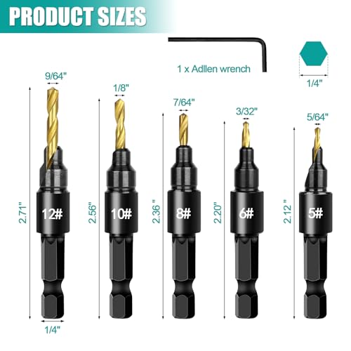 5PCS Countersink Drill Bit Set, Professional Brocas para Madera - Adjustable Wooden Drill Bit Set, Used for Wood Countersink Drill Bit with Depth Stop