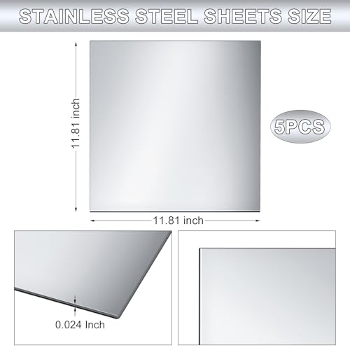 Gisafai 5 Pcs 304 Stainless Steel Sheets Stainless Steel Plates Mirror Surface Polishing Finish Stainless Steel Shim Plates Metal Sheets for Crafts Kitchen DIY Making (11.81 x 11.81 x 0.016 Inch)