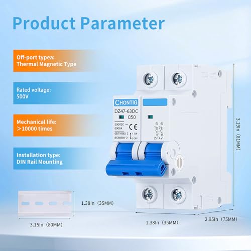 50 Amp Miniature DC Circuit Breaker 500V 2 Pole, Solar PV Disconnect Switch with Thermal Magnetic Trip, DIN Rail Mount Isolator C50