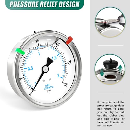 0-30PSI Stainless Steel Liquid Filled Pressure Gauge, 4" Dial Size, 1/4" NPT Back Mount, for Tube, Water Pump, Gas, Liquid, Pressure Test (with Range Mark Pointer) - size: 0-30 psi