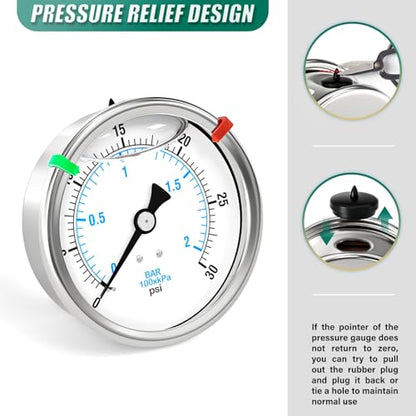 0-30PSI Stainless Steel Liquid Filled Pressure Gauge, 4" Dial Size, 1/4" NPT Back Mount, for Tube, Water Pump, Gas, Liquid, Pressure Test (with Range Mark Pointer) - size: 0-30 psi