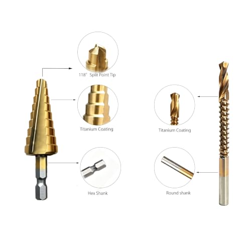 Titanium Coated Step Drill Bit and HSS Twist Drill Bit Set 5pcs,Multi Size （1/8" to 3/4"） for Wood，Sheet Metal，Aluminum and Plastic Hole Drilling Cutting,with Portable Bag for DIY Lovers