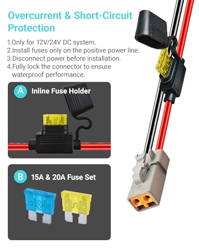 12 AWG 2 Pin DTP Connector with 15A 20A Fuses, 2 Way Automotive Waterproof Electrical Connectors, 12 Gauge Cable Wire Male and Female Quick Connect Harness for Car Truck Boat LED-2 Pack - size: 12 AWG