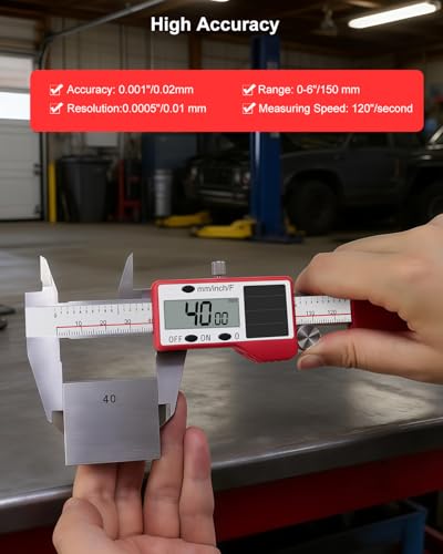 GODESON Solar Powered Digital Caliper, 6“ Digital Calipers with 0.001" Accuracy Stainless Steel, 3 Units Inch/mm/Fraction, 5 Modes Including Differential, for DIY Woodworking Metalworking 3D Printing