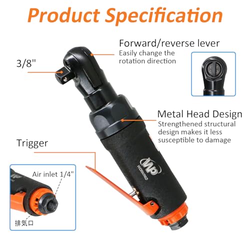 Workpad Compressed Air Ratchet Wrench 9.5 mm 3/8 Inch Mini Type 180 mm Lightweight 650 g Maximum Torque 54 N.m