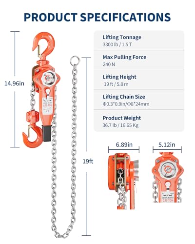 1-1/2 Ton Lever Chain Hoist, 3300 Lbs 20 ft Manual Ratchet Come Along - size: 1-1/2 TON 20FT