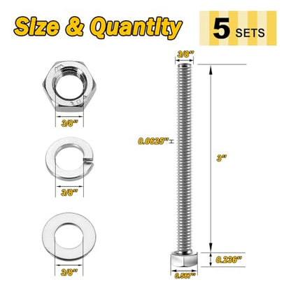 Mywish (5 Sets) 3/8-16x4 Hex Head Assorted Screws Nuts and Bolts with Flat & Lock Washers, 304 Stainless Steel 18-8, Fully Threaded, 3/8 Bolt Metric Bolt Assortment - size: 3/8-16 x 4 (5 set)