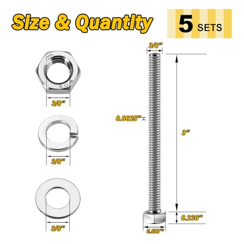 Mywish (5 Sets) 3/8-16x4 Hex Head Assorted Screws Nuts and Bolts with Flat & Lock Washers, 304 Stainless Steel 18-8, Fully Threaded, 3/8 Bolt Metric Bolt Assortment - size: 3/8-16 x 4 (5 set)