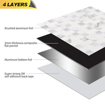 Yipscazo Peel and Stick Backsplash Tile, Stick on Stainless Steel Backsplash Metal Tiles for Kitchen Walls in Marble White Mixed Silver Metal (12''x12'',10 Sheets) - color: Marble White mixed Silver Metal