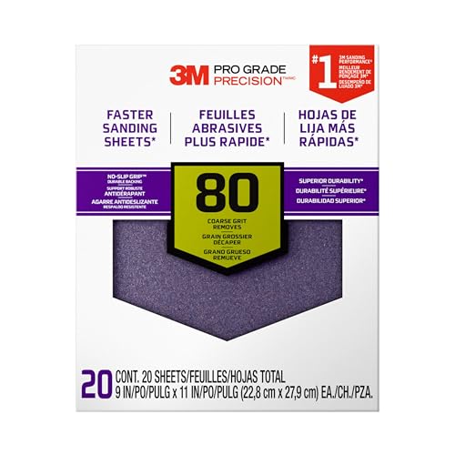 3M Pro Grade Precision Faster Sanding Sheets, 80 Grit, 11 x 9 in (20 Pack) - size: 1-Pack (20 Sheets Total)