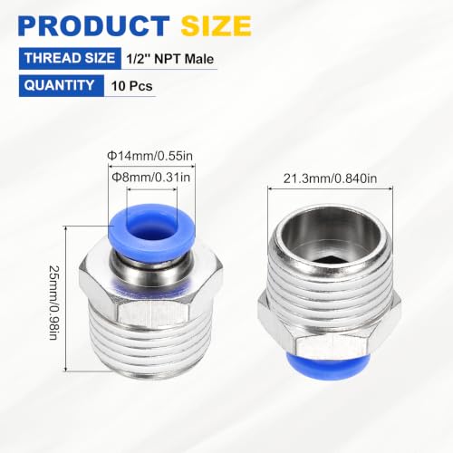 10Pcs Pneumatic Push to Connect Fitting Fit 8mm OD Tube 1/2"MNPT - color: Blue, size: 8mm OD x 1/2" NPT