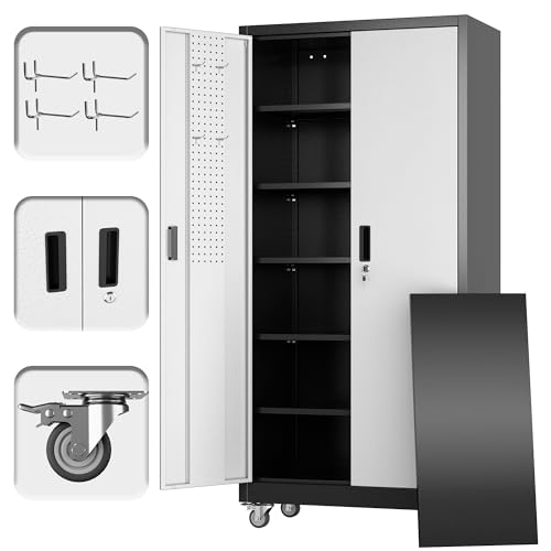 Reemoon 71" H Metal Garage Storage Cabinet with 5 Adjustable Shelves and Pegboard,Steel Storage Cabinet with Wheels for Garage Home Office Utility Room,Required Assembly, Black and Silver - color: Black-silver, size: 18"D x 34"W x 71"H