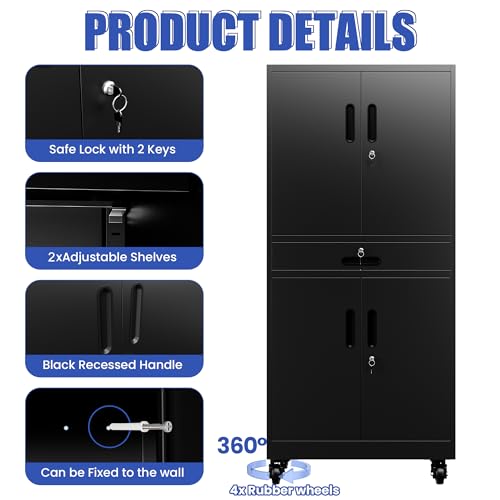 71'' Garage Storage Cabinet with Wheels,4 Locking Doors and 1 Drawer,Metal - color: Black, style: 71"H 2 doors 1 drawer with wheels