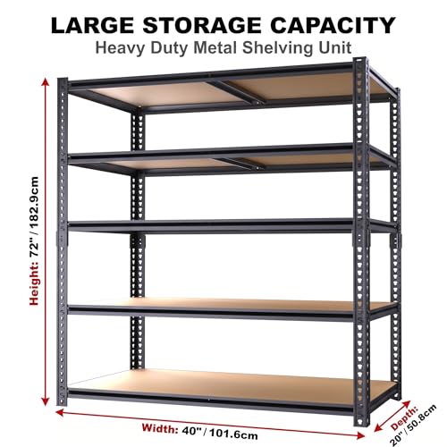 Storage Shelves Unit,40" W 5-Tier Garage Shelving Heavy Duty Metal Adjustable Garage Shelves,Stable Shelves Organizer for Pantry, Kitchen and Basement,40" W x 20" D x 72" H,Black - size: 20"D x 40"W x 72"H(Metal Board)