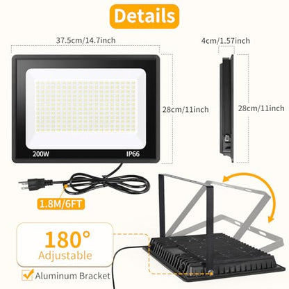 200W LED Flood Light Outdoor, 24000LM Exterior Security Lights, 2 Pack