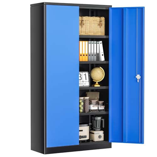 SUNCROWN 72" Metal Storage Cabinet - Heavy-Duty Metal Garage Cabinet with 4 Adjustable Shelves & 2 Doors for Tools, Office, Home, Workshop,Black & Blue - color: Blue & Black, size: 72"H x 36"W x 18"D