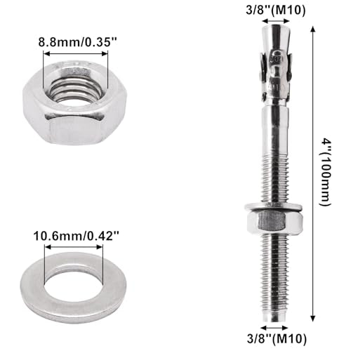 3/8" x 4" Concrete Anchors, Stainless Steel Wedge Anchors Concrete Bolts Heavy Duty Fasteners for Cement (8pcs) - size: 8pcs 3/8" x 4"
