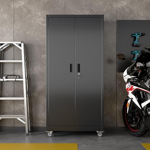 Aobabo Black Metal Garage Storage Cabinet with Wheels, 34"W x 18"D x 71"H - color: Black, size: 18"D x 34"W x 71"H