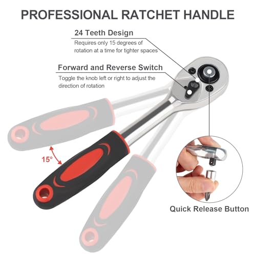 Beaiguna 46PCS Small Drive Socket Ratchet Wrench Screwdriver Set, 1/4 Inch Metric Socket and Ratchet Wrench Set with Extension Bar, Upgrade Compact Tool Set for Car - size: Small