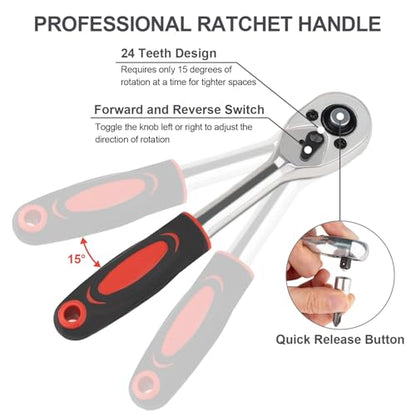 Beaiguna 46PCS Small Drive Socket Ratchet Wrench Screwdriver Set, 1/4 Inch Metric Socket and Ratchet Wrench Set with Extension Bar, Upgrade Compact Tool Set for Car - size: Small