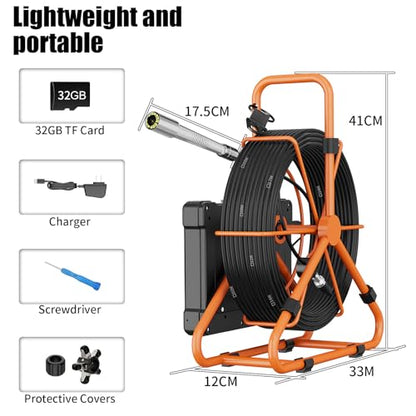 Sewer Camera 100FT/30M 7" IPS Screen Pipe Inspection Camera Borescopes Plumbing DVR & Audio Recorder 23mm with 32GB Card 12 LEDs HD 1000TVL Endoscope - size: 7inch-23MM-30M