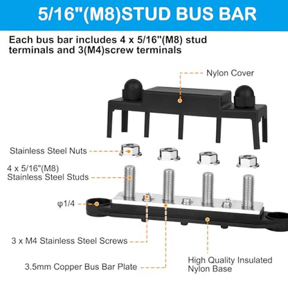 Power Distribution Block 12V 250A 4 x 5/16"(M8) Stud Bus Bar Tinned Copper Electrical Battery Terminal Block for Boat Automotive Solar Wiring - size: 250A